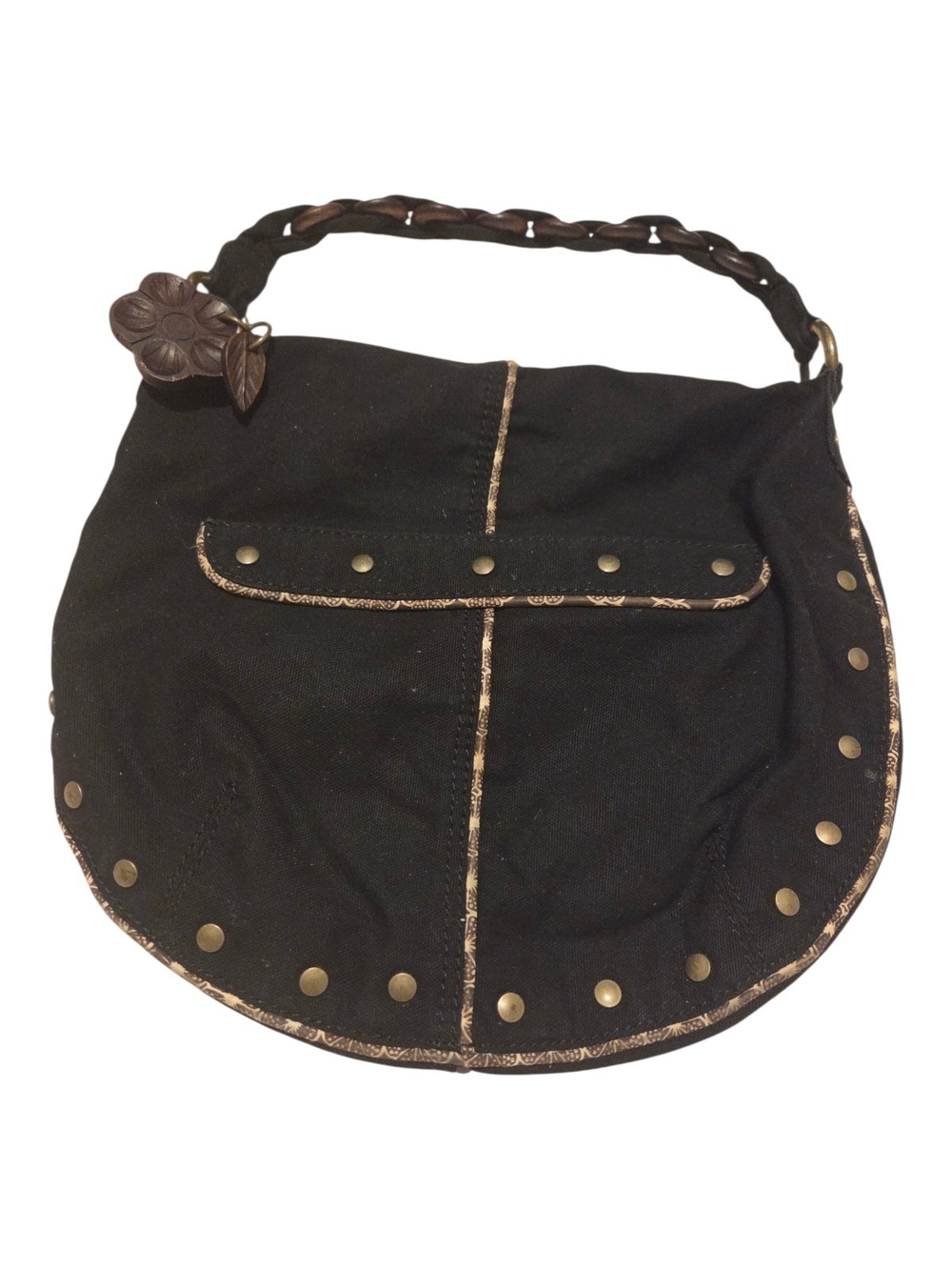 Gap Black Canvas Studded Hobo Bag Purse Wooden Floral Charm